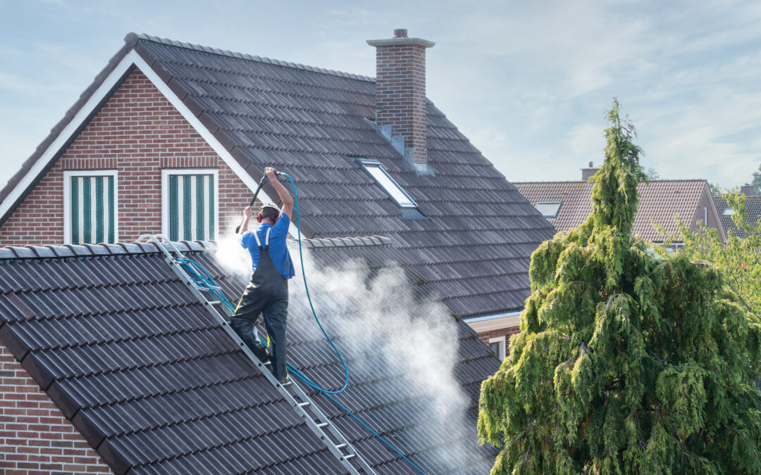 how to clean roof shingles worker on ladder