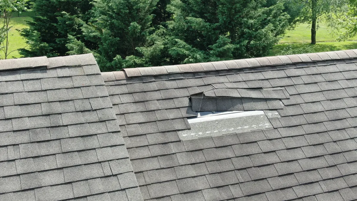close up of rooftop damage in prospect