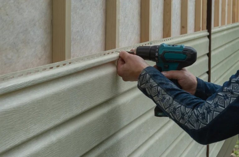 worker using nail gun installing new country house siding