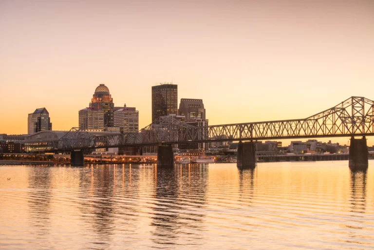 Louisville skyline downtown view at sunset