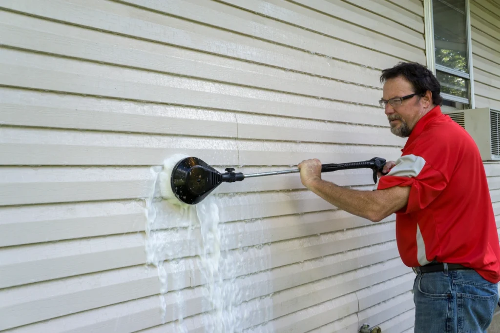man scrubs vinyl siding using long brush and demonstrates how to clean home exterior