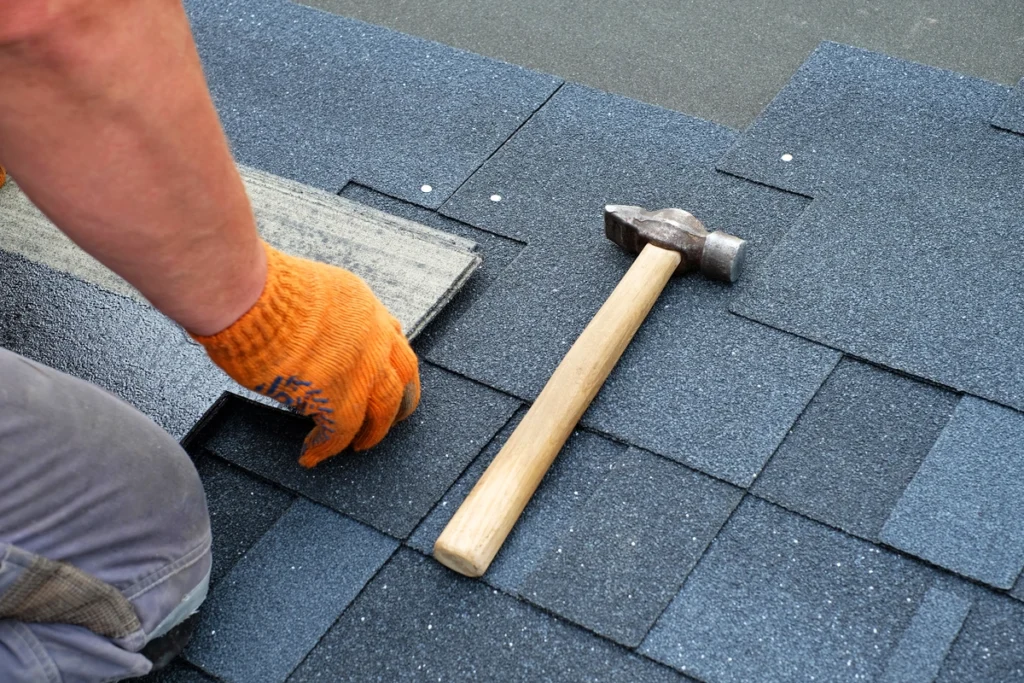 construction worker repairing the architectural shingle roof using hammer 