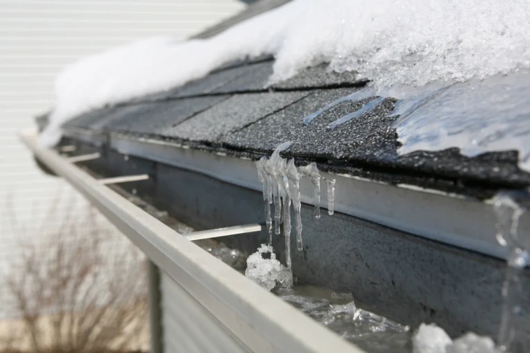close up of a snow covered roof